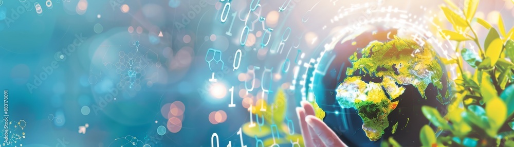 Poster digital futuristic concept with world map, binary code, and nature elements, symbolizing technology 