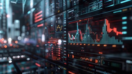 Digital financial data visualization on futuristic monitors with graphs, charts, and statistics.