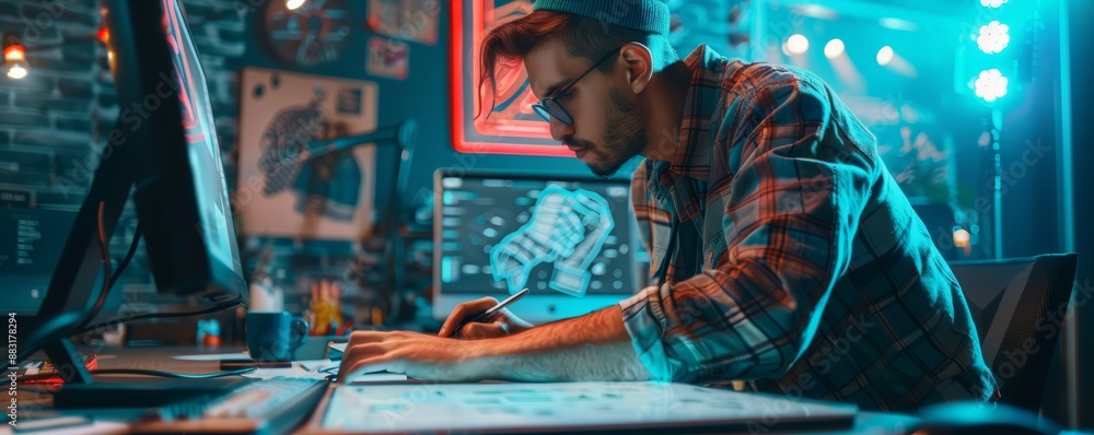 Aufkleber focused man working on a computer and designing on a graphic tablet in a creative, modern workspace 