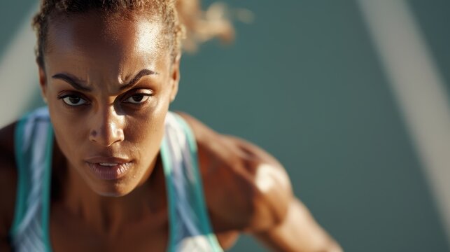 A female athlete's intense face fills the frame as she exerts herself during a track event, showcasing her determination and the physical strain of her efforts in the hot sun.