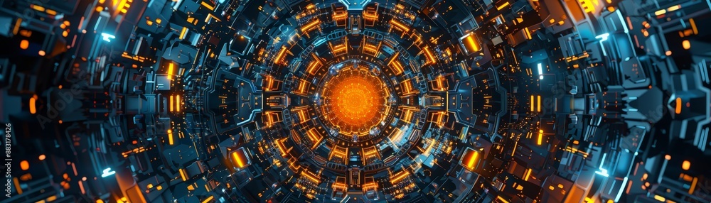 Aufkleber futuristic circular tunnel with glowing orange center, featuring intricate metallic and cybernetic c