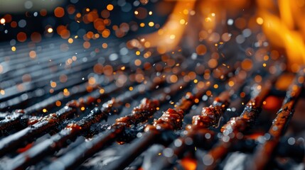 Fototapeta premium Close-up of a barbeque grill with sizzling embers. Sparks are flying, and flames add dramatic lighting, emphasizing the heat and cooking atmosphere.
