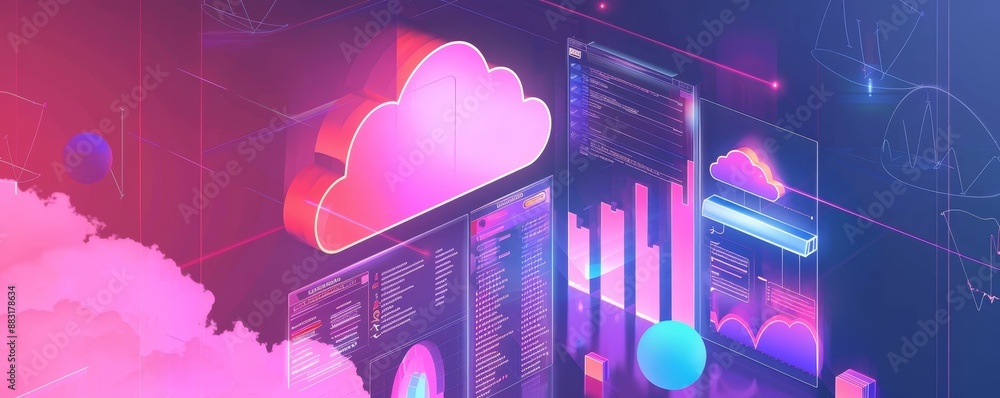 Aufkleber futuristic cloud technology with data analytics and digital screens, showcasing innovation and moder