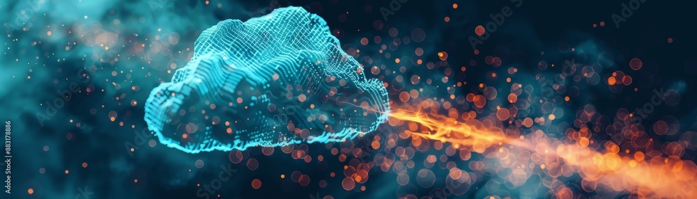 Poster futuristic digital cloud technology concept with a neon glowing cloud and dynamic fiery trail repres