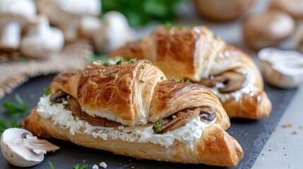 Delicious croissants stuffed with creamy cheese and fresh mushrooms, representing the finesse of gourmet baking and the indulgence of quality, homemade ingredients.