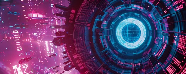 Futuristic digital cityscape with neon lights and holographic interface, showcasing advanced technology and cyberpunk aesthetics.