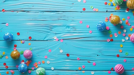 Invitation design with colorful decorations on blue wood surface