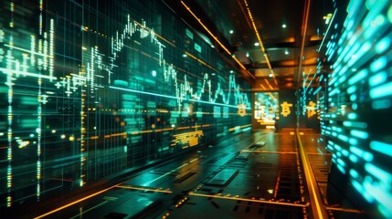 Futuristic digital financial data visualization in a neon-lit space, showcasing advanced technology and a cybernetic environment.