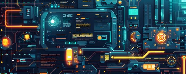 Futuristic digital interface with high-tech elements and neon colors, showcasing a complex cyberpunk control panel and data screens.