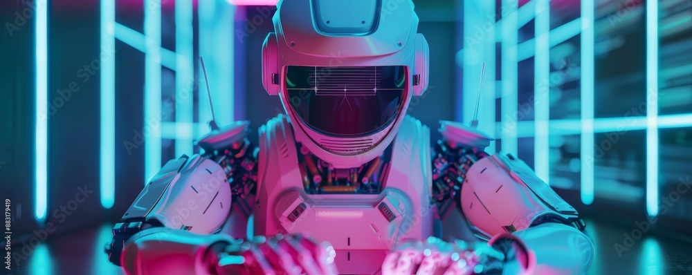 Poster futuristic robot in neon-lit environment, showcasing advanced technology and artificial intelligence
