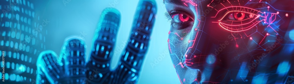 Aufkleber futuristic robotic hand and human face with digital overlay representing ai and technology integrati