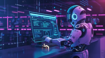 Futuristic robot working on a high-tech computer in a neon-lit environment, showcasing advanced technology and artificial intelligence.