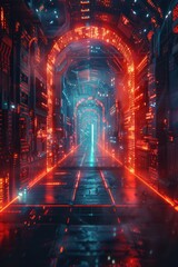 Obraz premium A glowing, neon-lit street in a futuristic city