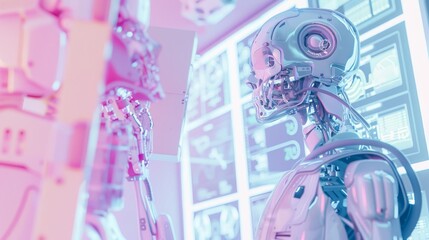 Obraz premium Futuristic robots analyzing data on screen in high-tech environment with blue and pink lights.