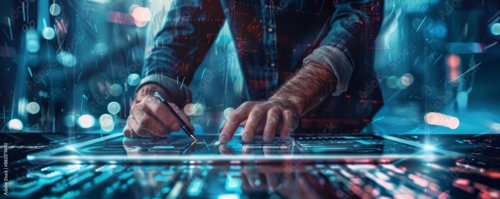 Aufkleber hands working on a futuristic digital interface screen, with a high-tech aesthetic and a focus on ad