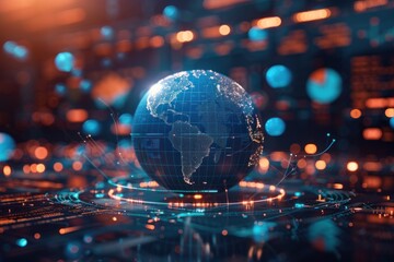 A glowing, digital globe rests on a glowing, futuristic circuit board