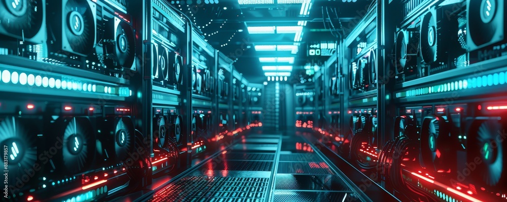 Poster modern data center filled with server racks, illuminated by blue and red lighting, representing adva