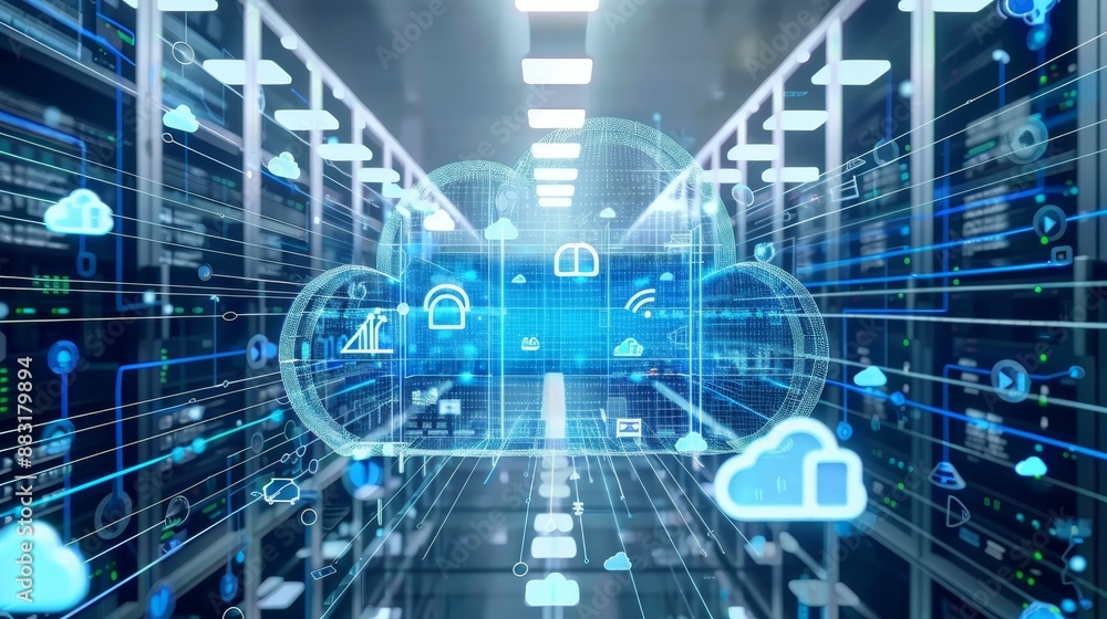 Poster modern data center with holographic cloud computing technology and blue neon lights. concept of data