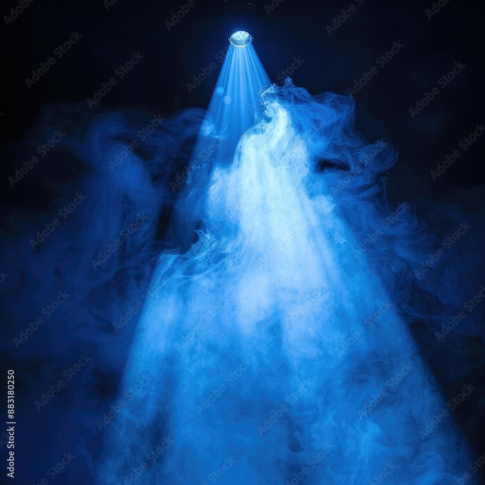 Poster a focused beam of blue light illuminating through a cloud of smoke on a dark backdrop, emulating a t
