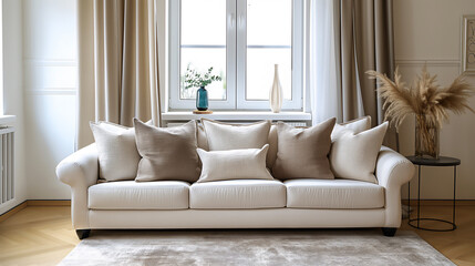 Front view of contemporary creme linen sofa with many pillows, natural light from window, copy space