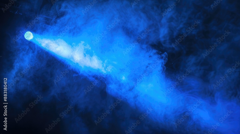 Poster a focused beam of blue light illuminating through a cloud of smoke on a dark backdrop, emulating a t