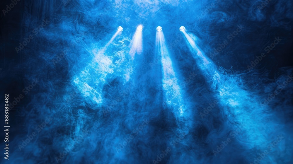 Poster a focused beam of blue light illuminating through a cloud of smoke on a dark backdrop, emulating a t