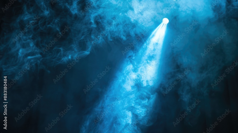 Poster a focused beam of blue light illuminating through a cloud of smoke on a dark backdrop, emulating a t