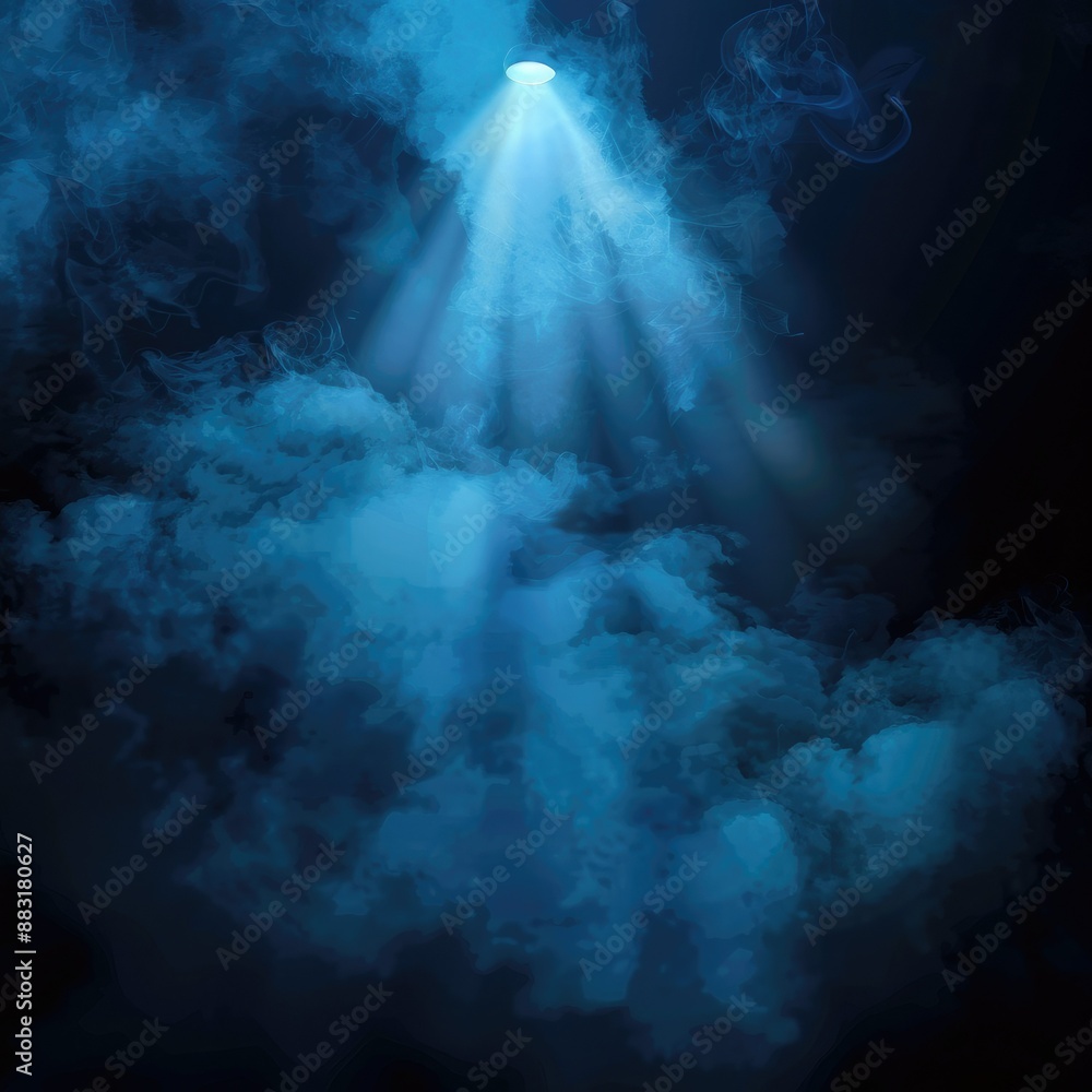 Poster a blue vector spotlight shining through dense smoke on a dark backdrop, creating a surreal and inten