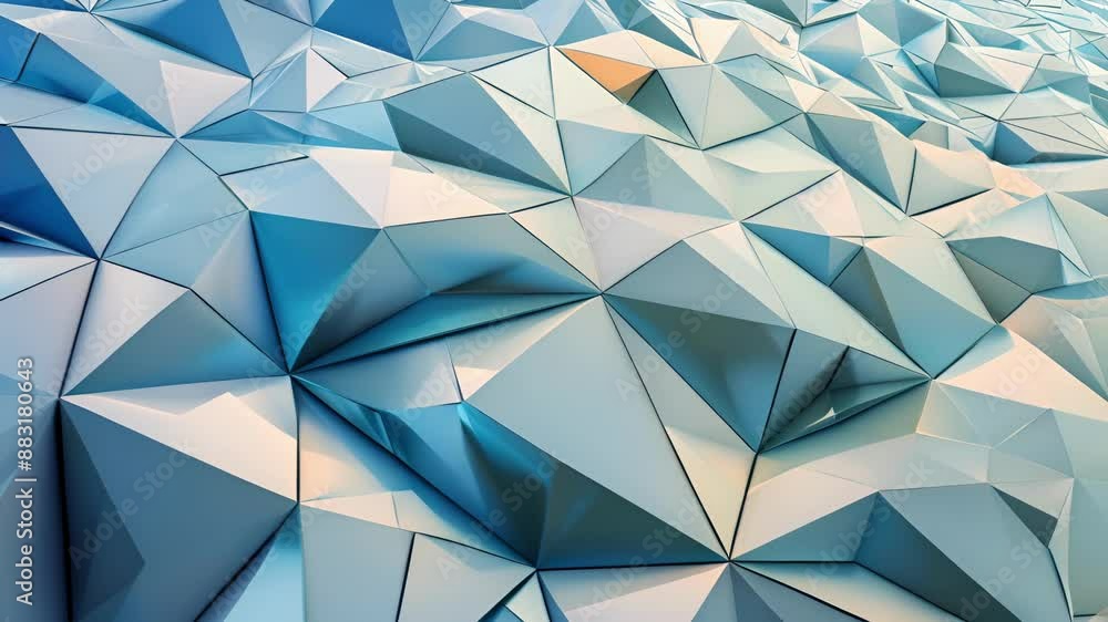 Poster triangles and rhombuses in shades of blue and white overlap and converge to form an abstract interpr