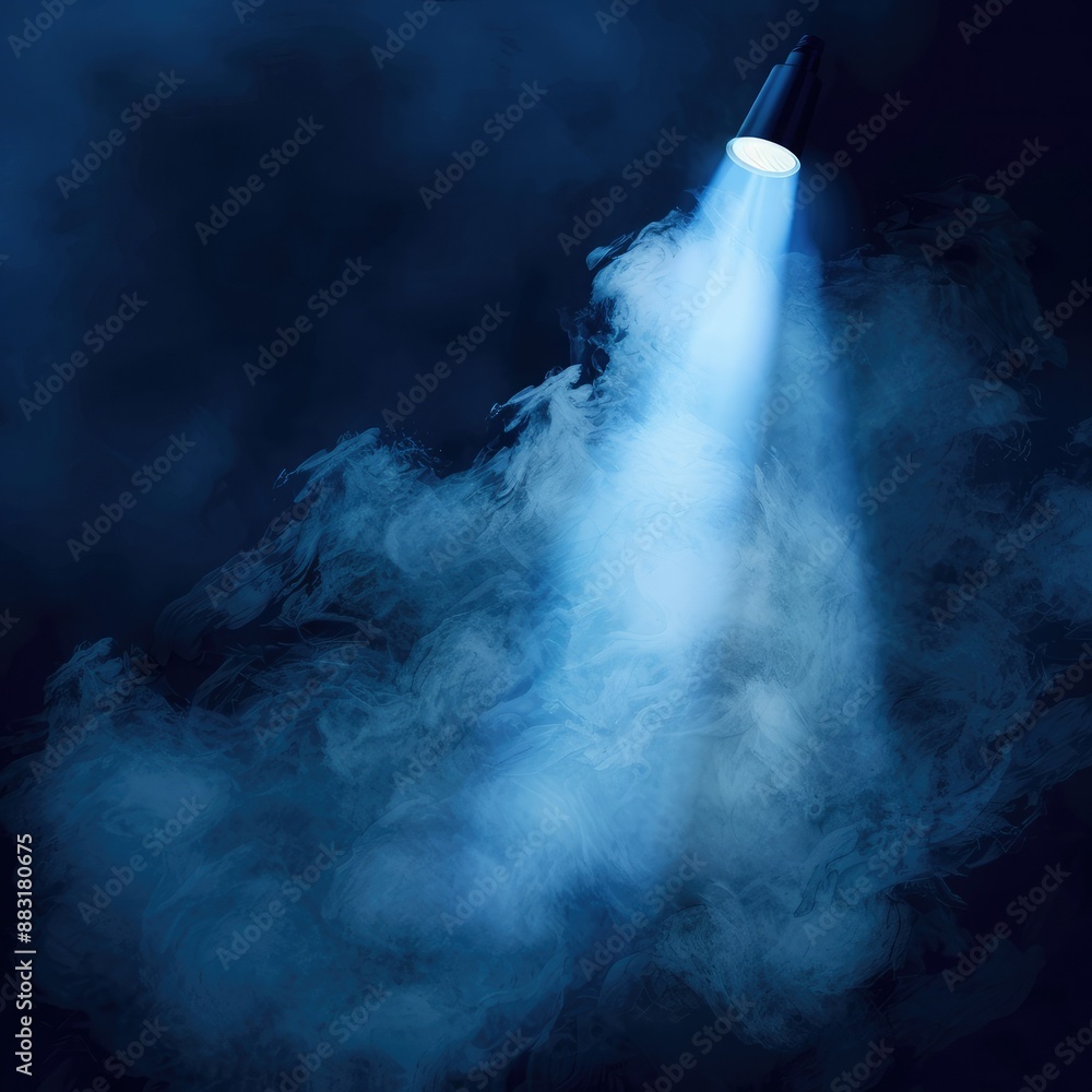 Aufkleber a blue vector spotlight shining through dense smoke on a dark backdrop, creating a surreal and inten