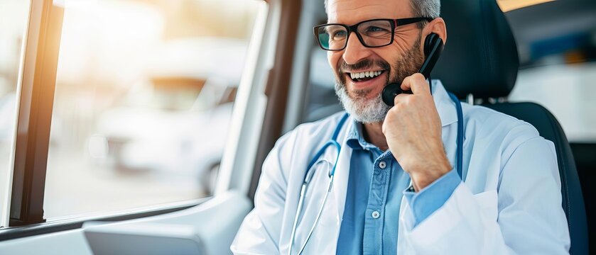 Smiling doctor with glasses and stethoscope talking on phone while sitting in car, concept of mobile medical services.