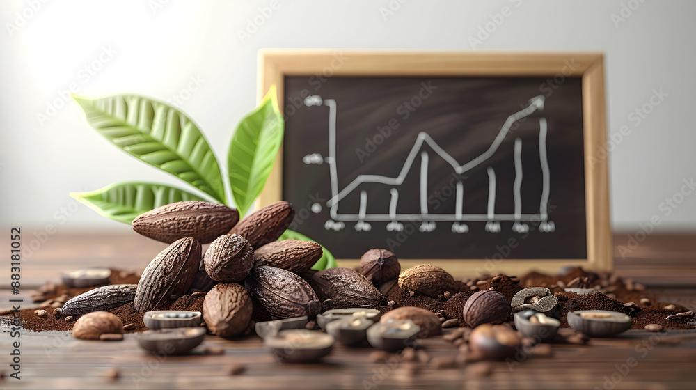 Poster 3d flat icon of blackboard with cocoa pods and growth chart on white background concept symbolizing 