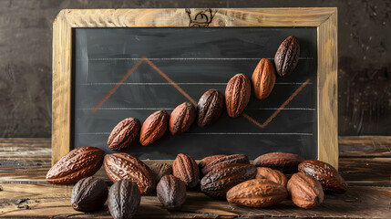 3D Flat Icon: Blackboard with Cocoa Pods and Downward Trend Concept for Decline in Cocoa Commodity Value Isolated White Background
