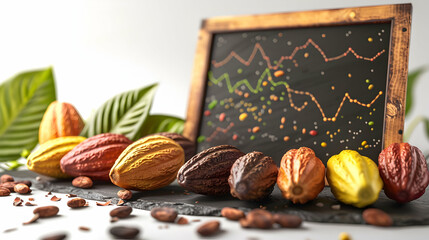 3D Flat Icon: Blackboard with Cocoa Pods and Downward Trend Symbolizing Decline in Cocoa Commodity Value