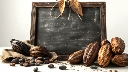 3D Flat Icon: Blackboard with Cocoa Pods and Downward Trend Concept Declining Cocoa Commodity Value on Whimsical Background with Text Space Isolated on White