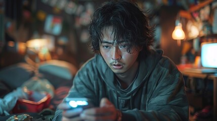 Fototapeta premium A realistic photograph of a 20-year-old Korean man, slouched over in a dimly lit room, eyes glued to his smartphone screen