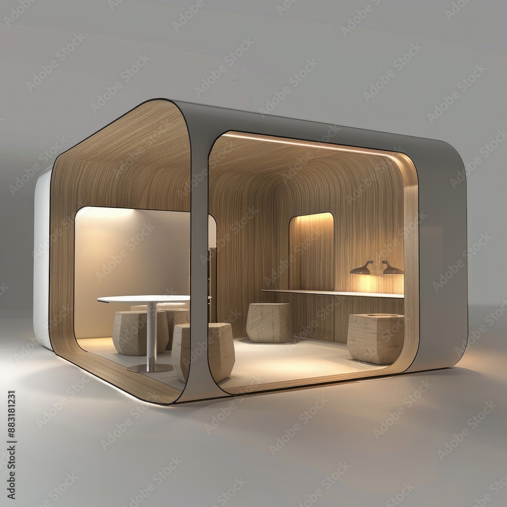 Poster A 3D render of a blank booth system featuring a unique, modular design that can be customized and rearranged. 