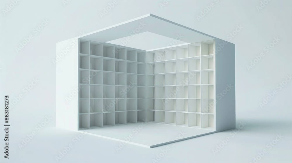 Poster A 3D render of a blank booth system featuring a unique, modular design that can be customized and rearranged. 