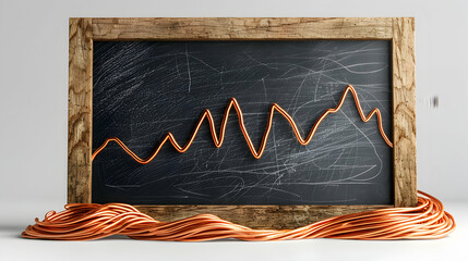 3D Flat Icon: Blackboard with Copper Wire Downward Trend Decline in Commodity Value Concept with Ample Space for Graphics on Whimsical Background