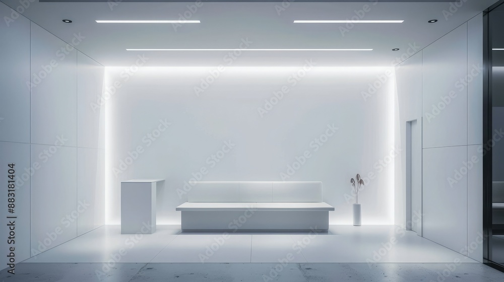Poster a blank booth system in a minimalist style, with a clean, uncluttered design and soft, ambient light