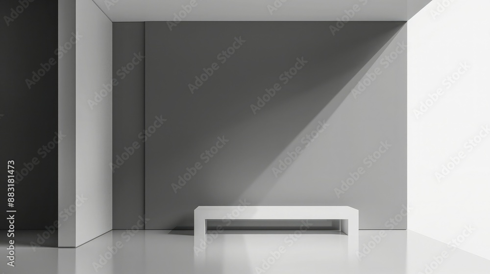 Poster A blank booth system with a striking, asymmetrical design, set against a monochromatic background for a modern touch. 