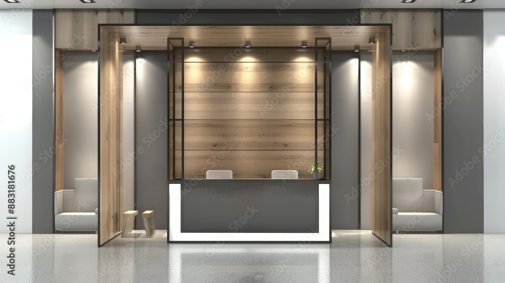 Poster a 3d render of a blank booth system with a combination of materials, such as wood and metal, for a s