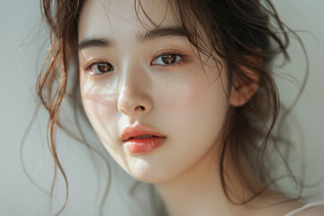 95 A trendy 20-year-old Korean model with radiant highlighter, solid background, studio lighting,