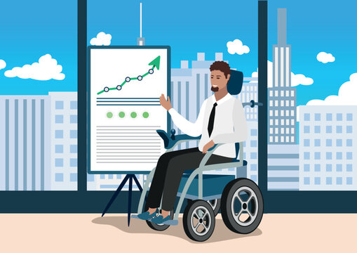A happy young man in an electric wheelchair gives a presentation showing a business development strategy. Rehabilitation and adaptation of people with disabilities. Vector illustration