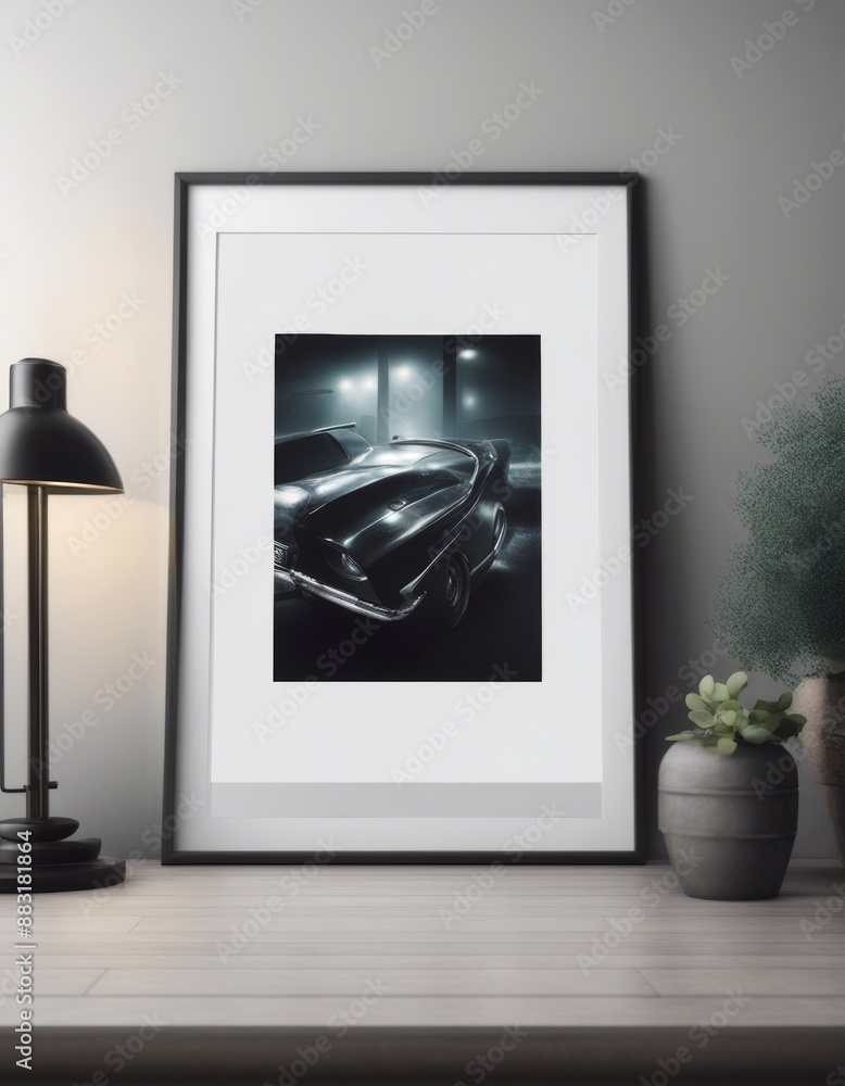 Poster illustration 3d poster workspace mock template rendering frame interior design three dimensional emp