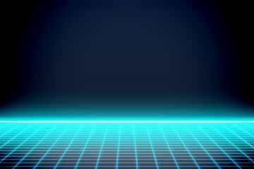 Turquoise neon color floor lines background. Perspective plane of abstract lines. Retro Futuristic style