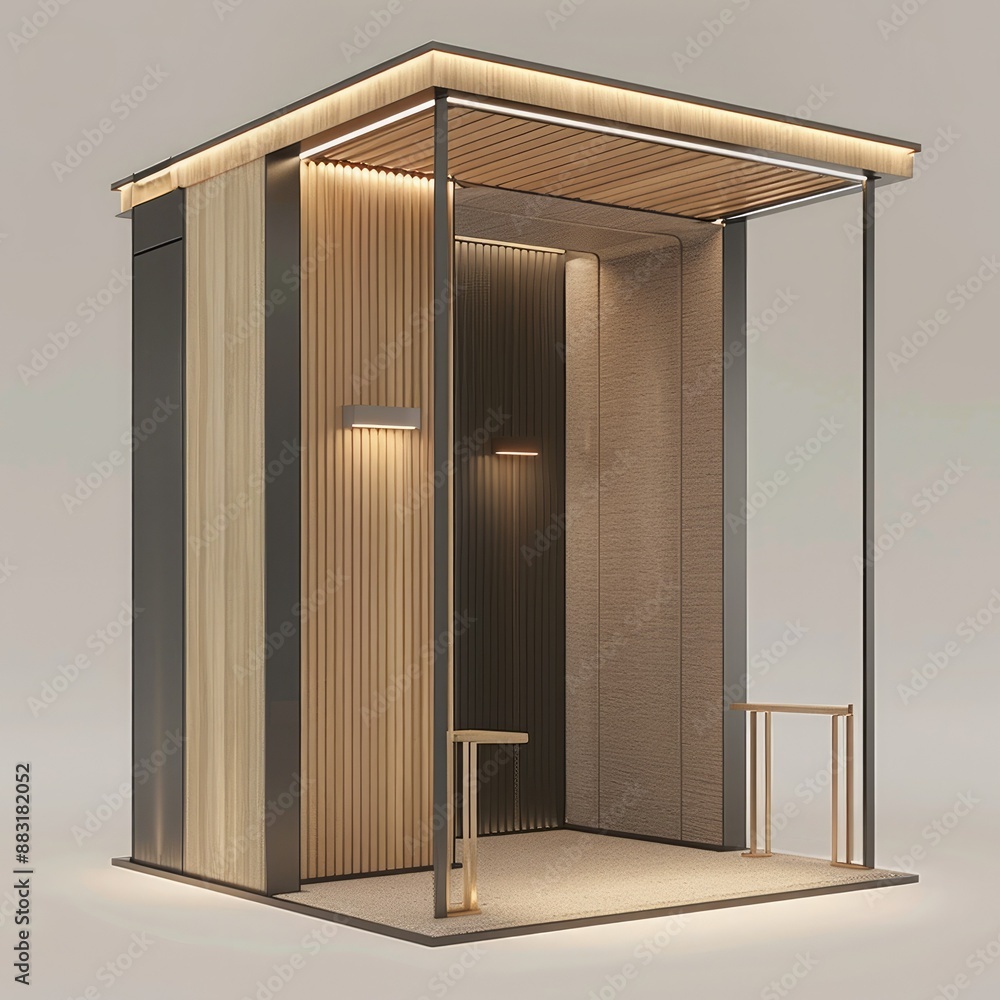 Poster a 3d render of a blank booth system with a combination of materials, such as wood and metal, for a s