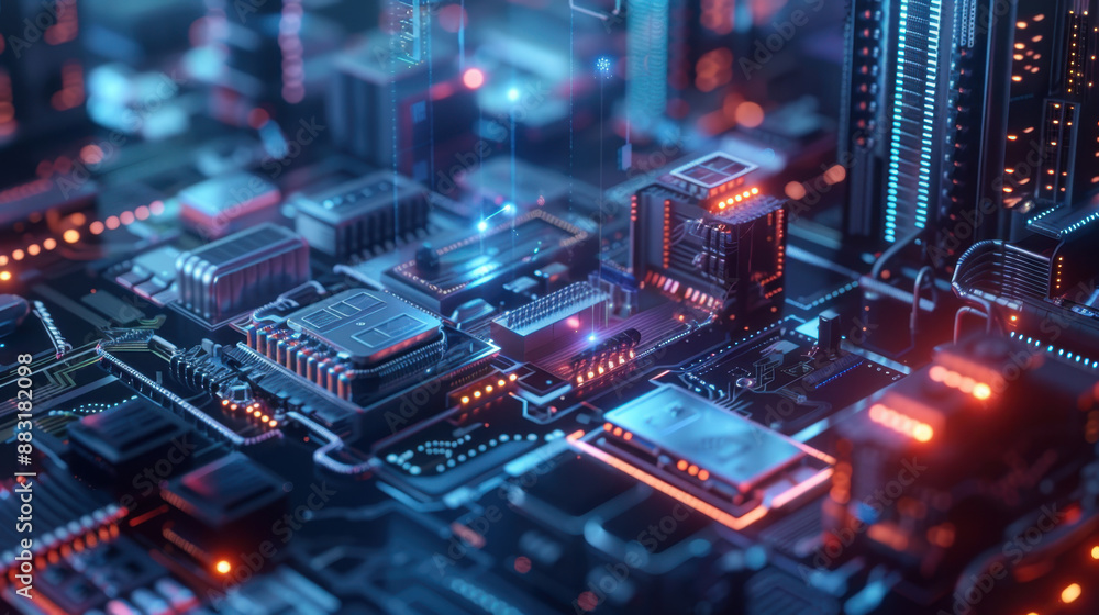 Poster futuristic circuit board with glowing microchips and interconnected electronic components in a high-