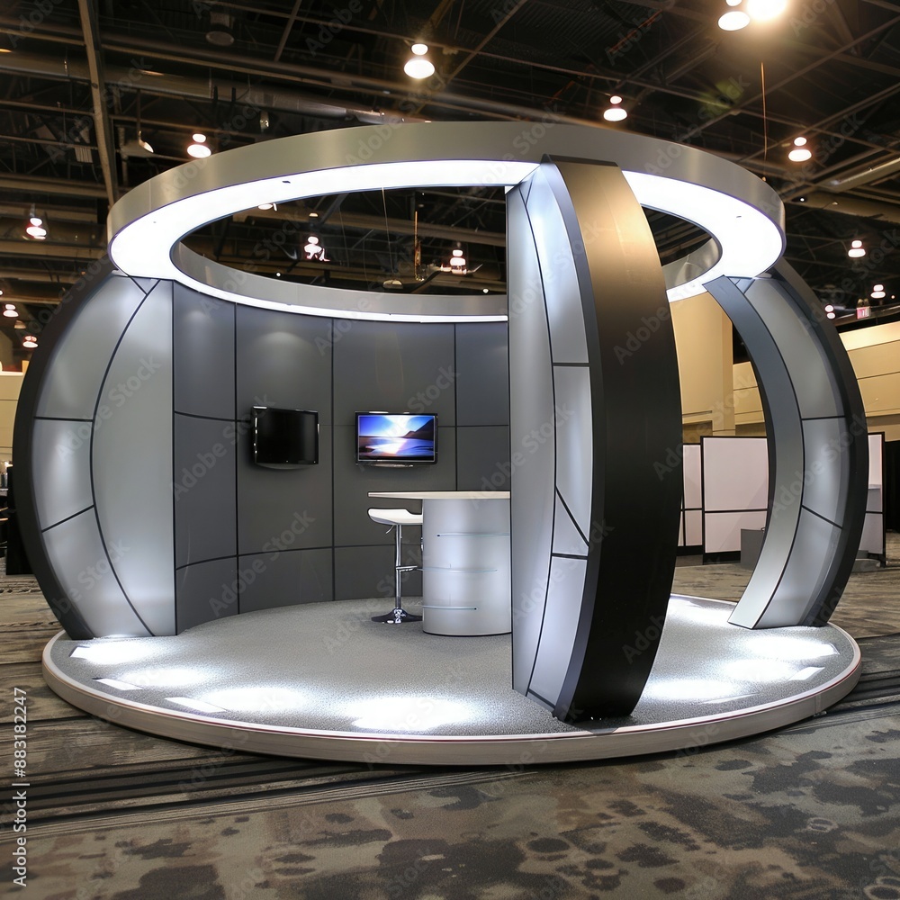 Aufkleber A blank booth system in a circular shape, with a seamless, wrap-around display area for a visually striking presentation.