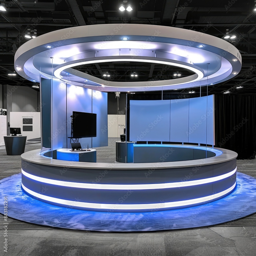 Poster A blank booth system in a circular shape, with a seamless, wrap-around display area for a visually striking presentation. 